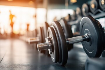 Fototapeta premium Close-up of dumbbells on a rack in a modern gym with warm ambient lighting.