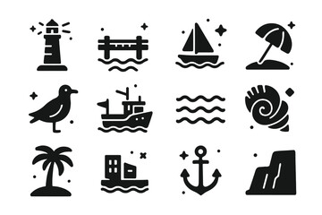 Coastal Town Icons. Coastal Town. Solid icons set of Coastal Town: lighthouse, pier, sailboat, beach umbrella, seagull, fishing boat, waves, seashell, palm
