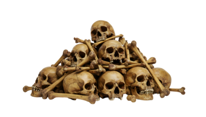 Pile of skulls and bones isolated on transparent background