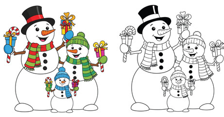 Adorable Snowman Family with Gifts and Candy Canes - Festive Winter Coloring Page