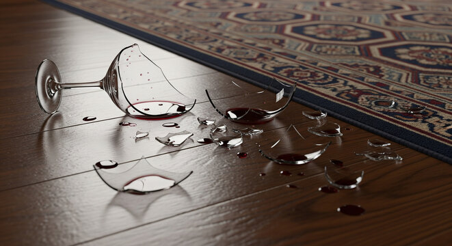 Broken Wine Glass, Spilled Red Wine on Polished Wood Floor
A clear, stemmed wine glass has broken, lying on its side on a glossy wooden floor. Red wine has spilled from the shattered bowl - Powered by Adobe
