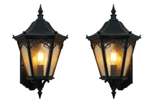 Pair of vintage outdoor wall lanterns with illuminated bulbs transparent background cutout png