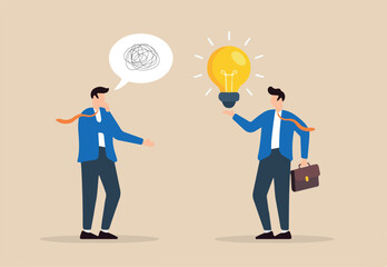 Flat illustration of confused businessman with messy thought receive lightbulb solution from colleague solving problem