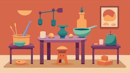 A clay and sculpture corner with tables and tools for molding and shaping clay.
