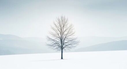 Solitary bare tree stands tall in a vast snowy landscape under a muted sky