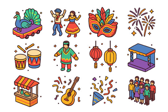 Colorful Festival Icons. Community festival. Colorful isometric vector icons set of community festival: parade float, traditional dance, festival mask,