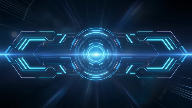 Futuristic digital interface with glowing blue geometric shapes and light streaks , Abstract blue circuit background with glowing computer icon, Futuristic digital interface for data technology - Powered by Adobe