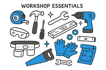 Fototapeta premium Workshop Tools Illustration. // Workshop essentials. Hand-drawn doodle illustration Workshop essentials [tape measure (accented), hammer (accented),