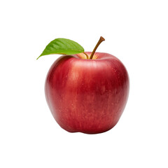 Fresh red apple resting on a transparent surface with green leaf detail