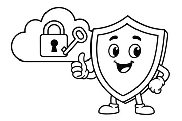 Naklejka premium Cybersecurity Shield Coloring. Cyber security for kids children?s coloring book illustration, outlined drawing, a happy shield character guarding cloud data