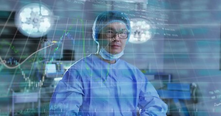 Line charts fading and intensifying, leading surgeon crossing arms for healthcare finance insight - Powered by Adobe