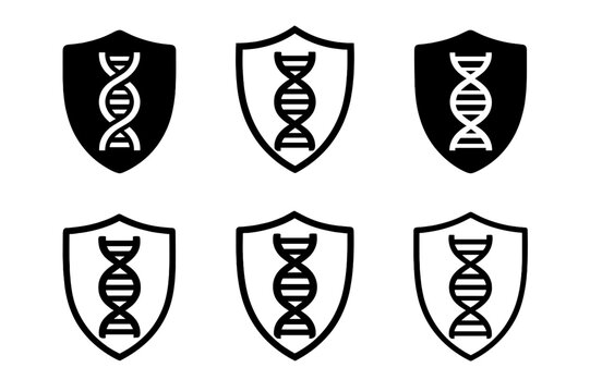 Cloning Lab Logos. The ethics of cloning and creating synthetic organisms. Set Logo of lab oversight: shield with double helix. Icon set. harmonious logo