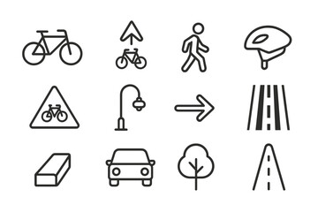 Green Transport Icons. Green transport. Line icon set of green transport: bicycle, bike lane marking, pedestrian, helmet, traffic sign, street light, arrow,