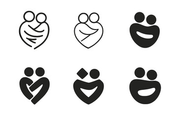 Harmonious Emblem Grid. Safe spaces. Set Logo of abstract embrace form: harmonious logo variations of the same emblematic concept, each with different artistic