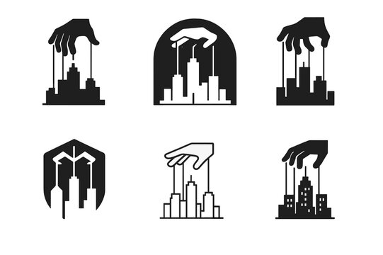 Political Influence Logos. Political influence. Set Logo of Political influence: puppet strings above a city skyline. Icon set. harmonious logo variations of