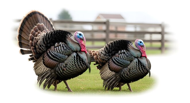Two turkeys standing in a grassy field with a fence behind them