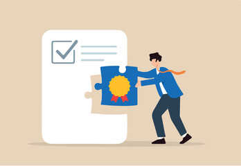 Flat illustration of businessman fitting quality control badge puzzle piece into certification document for approval