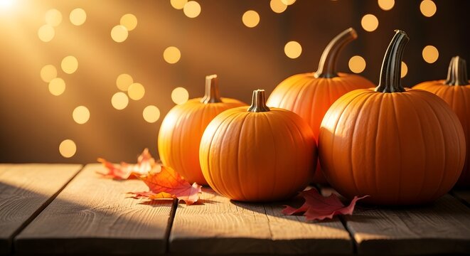 Autumn pumpkins and fallen leaves on a wooden table with bokeh lights