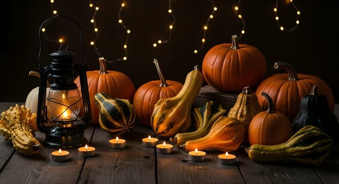 Halloween pumpkins and gourds with glowing lantern and lights