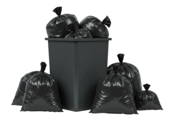 Black trash bags and bin transparent background cutout png