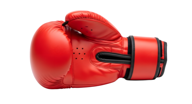 Close up of a single red boxing glove isolated on a black background