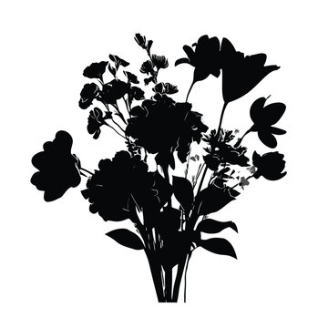 Elegant black and white silhouette bouquet of flowers collection isolated on white background