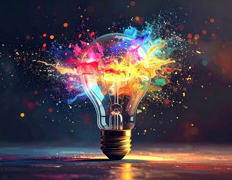 Light bulb explosion of vibrant colors on dark, speckled background