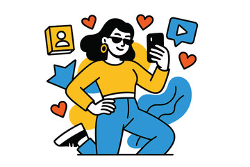 Influencer's Digital Charisma. Celebrity Influencer. Person taking a selfie with floating abstract geometric social media icons and hearts, stylish and