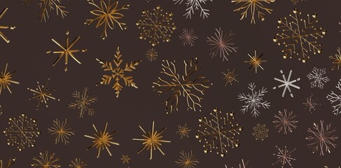 Decorative seamless pattern of golden and silver snowflakes on a dark brown background. Perfect for holiday design, winter projects, Christmas g