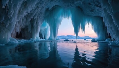 Inside ice cave with stalactites at dusk. Water reflects rock formations. Cold winter landscape with ice columns, blue glacier and mountain view. Beautiful natural frozen scene in twilight.