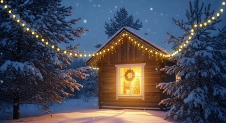 christmas, snow, winter wonderland, log cabin, string lights, warm glow, cozy, idyllic, magical, fantasy, festive
