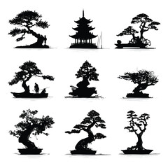 Collection of diverse bonsai tree silhouettes in black and white isolated on white background