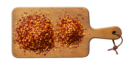 Top View of Red Chili Flakes on a Rustic Wooden Cutting Board