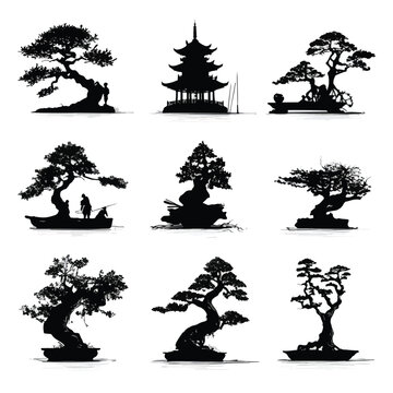 Collection of diverse bonsai tree silhouettes in black and white isolated on white background