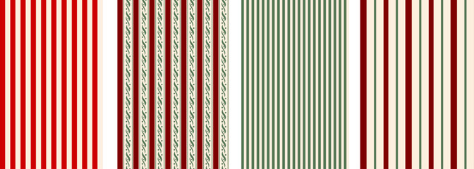Seamless green and red Christmas patterns. Different background designs, perfect for wrapping paper, fabric, stationery, wallpaper, and digital decor.