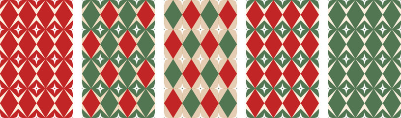 Seamless green and red Christmas patterns. Different background designs, perfect for wrapping paper, fabric, stationery, wallpaper, and digital decor.