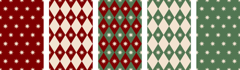 Seamless green and red Christmas patterns. Different background designs, perfect for wrapping paper, fabric, stationery, wallpaper, and digital decor.