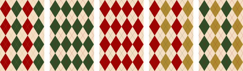 Seamless green and red Christmas patterns. Different background designs, perfect for wrapping paper, fabric, stationery, wallpaper, and digital decor.
