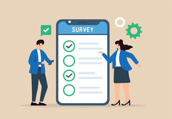 Flat illustration of man and woman using smartphone to fill in online survey checklist symbolizing internet feedback
