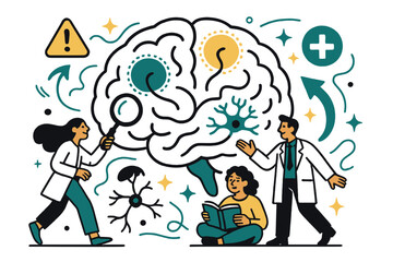 Fototapeta premium Brain Anatomy Illustration. Brain disorders and conditions. Illustration of brain with highlighted regions and abstract floating lines, icons, and sparkles;