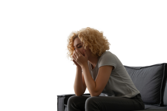 Emotional portrait of a young woman experiencing sadness and overwhelm transparent background