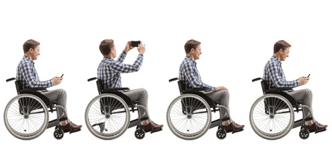 Series of four grayscale photographs depicting a person in a wheelchair in different actions transparent background