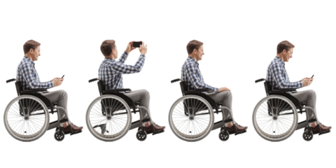 Series of four grayscale photographs depicting a person in a wheelchair in different actions transparent background