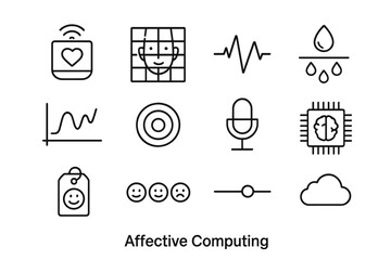 Affective Computing Icons. Affective Computing. Line icon set of Affective Computing: emotion sensor, facial expression grid, heart rate line, skin conductance
