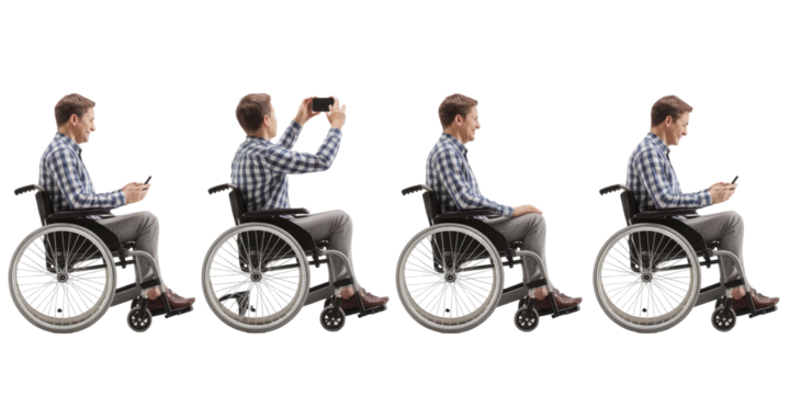 Series of four grayscale photographs depicting a person in a wheelchair in different actions transparent background