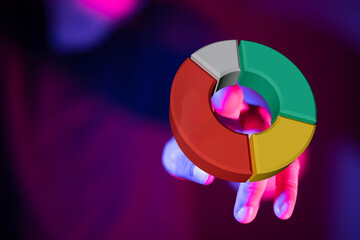 Abstract image of a hand presenting a 3D pie chart, perfect for illustrating financial growth, market analysis, and business strategies.