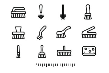 Fototapeta premium Cleaning Brush Icons. Cleaning brushes. Line icon set of cleaning brushes: scrubbing brush, toilet brush, bottle brush, dish brush, paint cleaning brush, wire