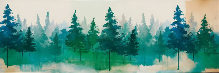 Watercolor evergreen forest with tall pine and fir trees under diffused sky - tranquil forest landscape