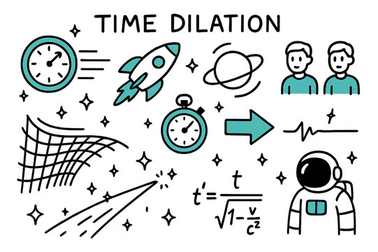 Time Dilation Illustrations. // Time dilation. Hand-drawn doodle illustration Time dilation [clock stretch (accented), rocket (accented), planet orbit, twin