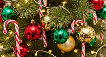 christmas ornaments, pine tree branches, candy canes, holiday decorations, festive celebration, vibrant colors, baubles, tinsel, cozy atmosphere, seasonal joy

